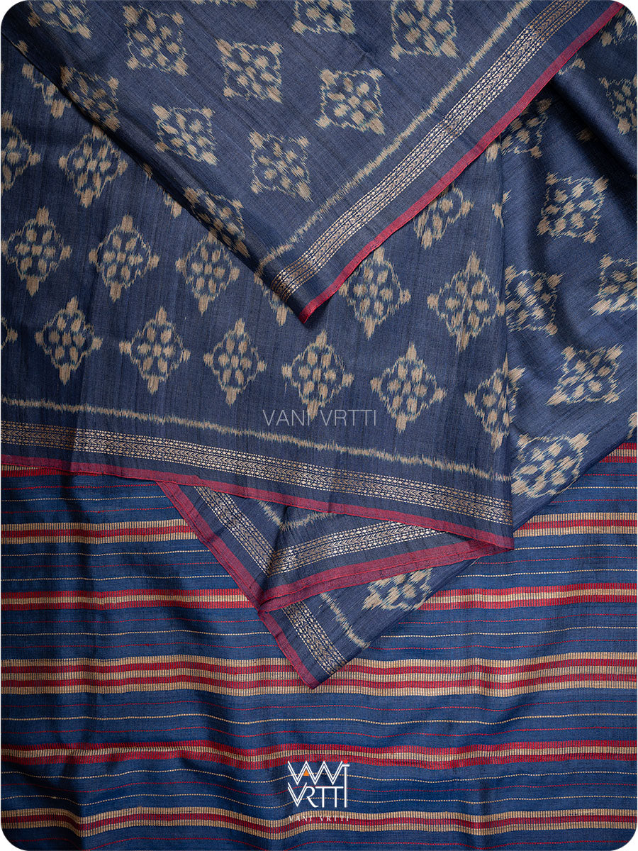 Ink Blue Nargis Ikat Handspun Tussar Silk Saree