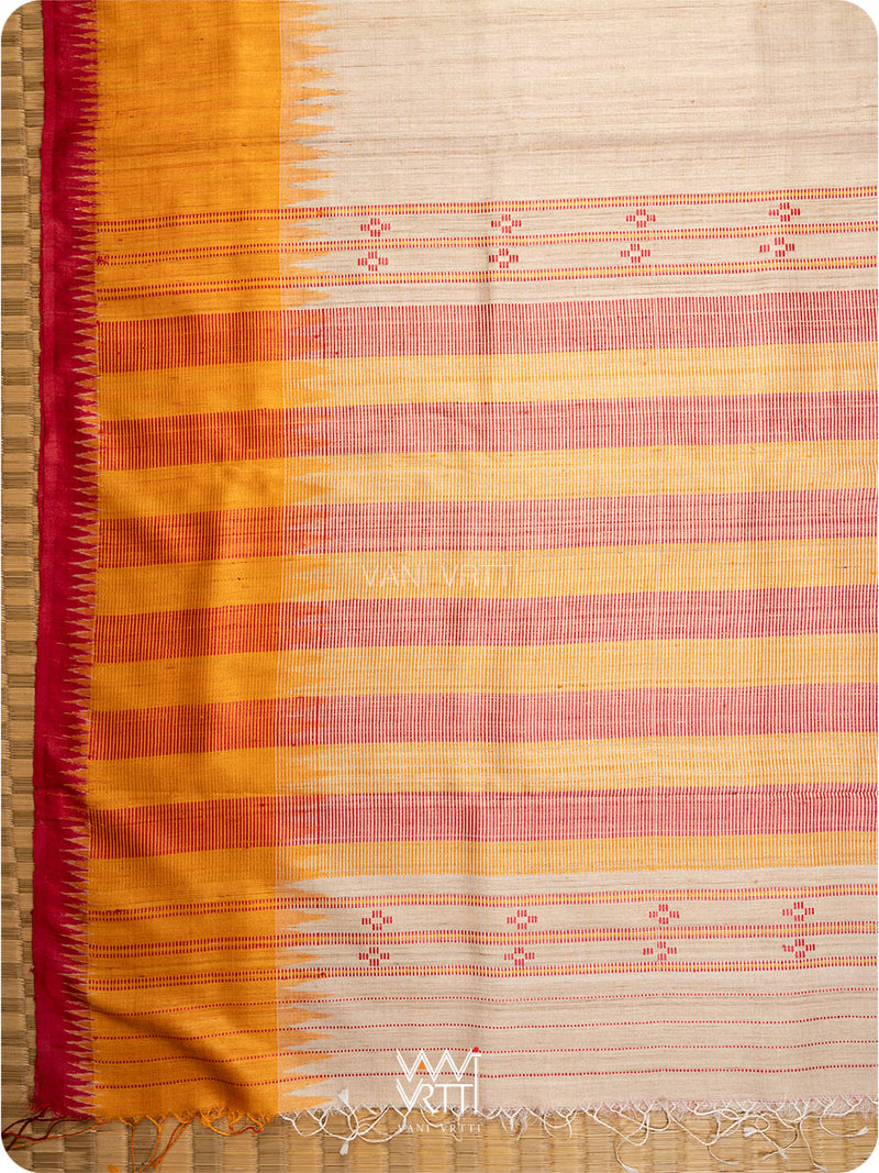 Off White Red Orange Sangam Bristi Handspun Tussar Silk Saree