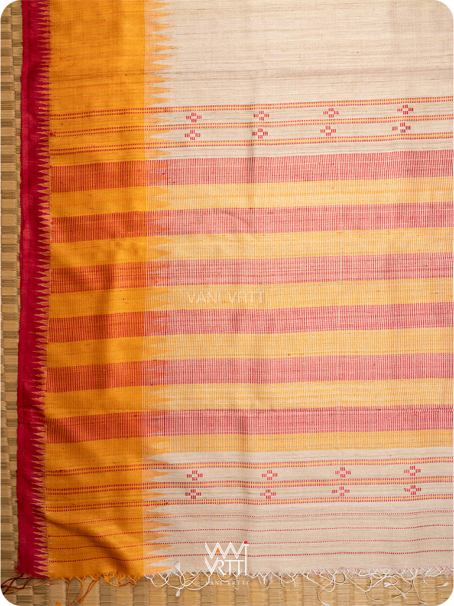 Off White Red Orange Sangam Bristi Handspun Tussar Silk Saree