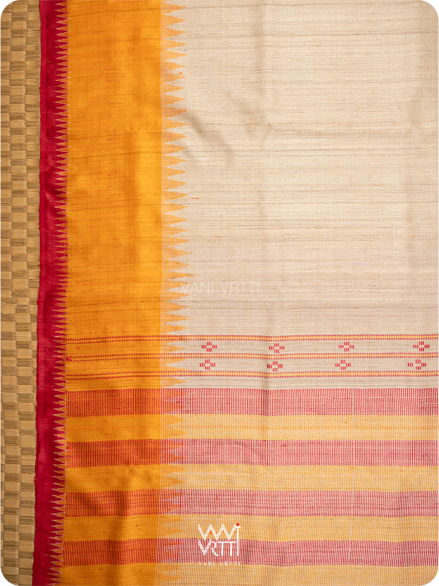 Off White Red Orange Sangam Bristi Handspun Tussar Silk Saree
