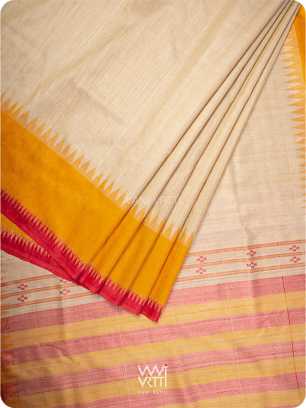 Off White Red Orange Sangam Bristi Handspun Tussar Silk Saree
