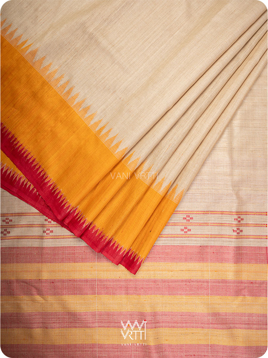 Off White Red Orange Sangam Bristi Handspun Tussar Silk Saree