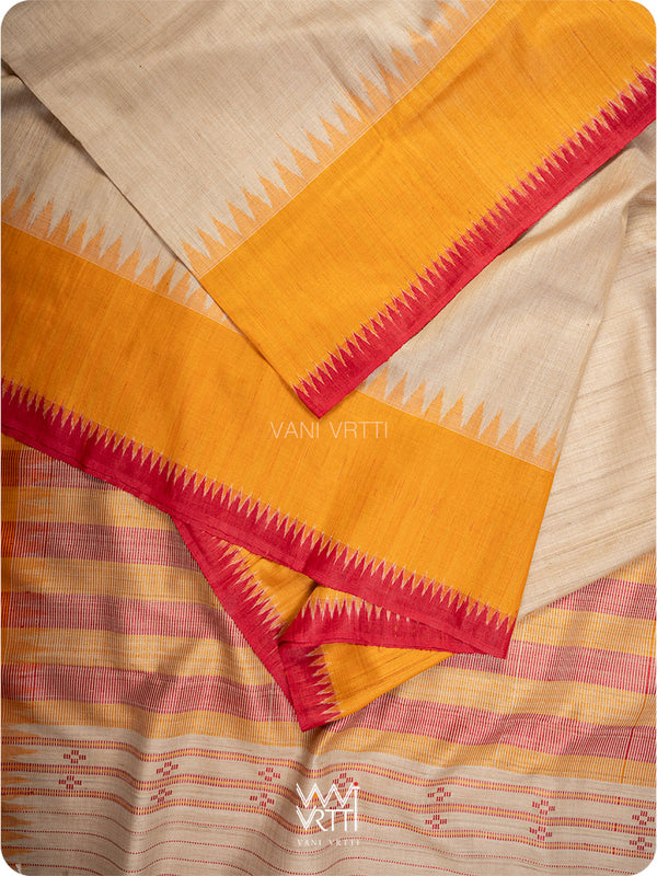 Off White Red Orange Sangam Bristi Handspun Tussar Silk Saree