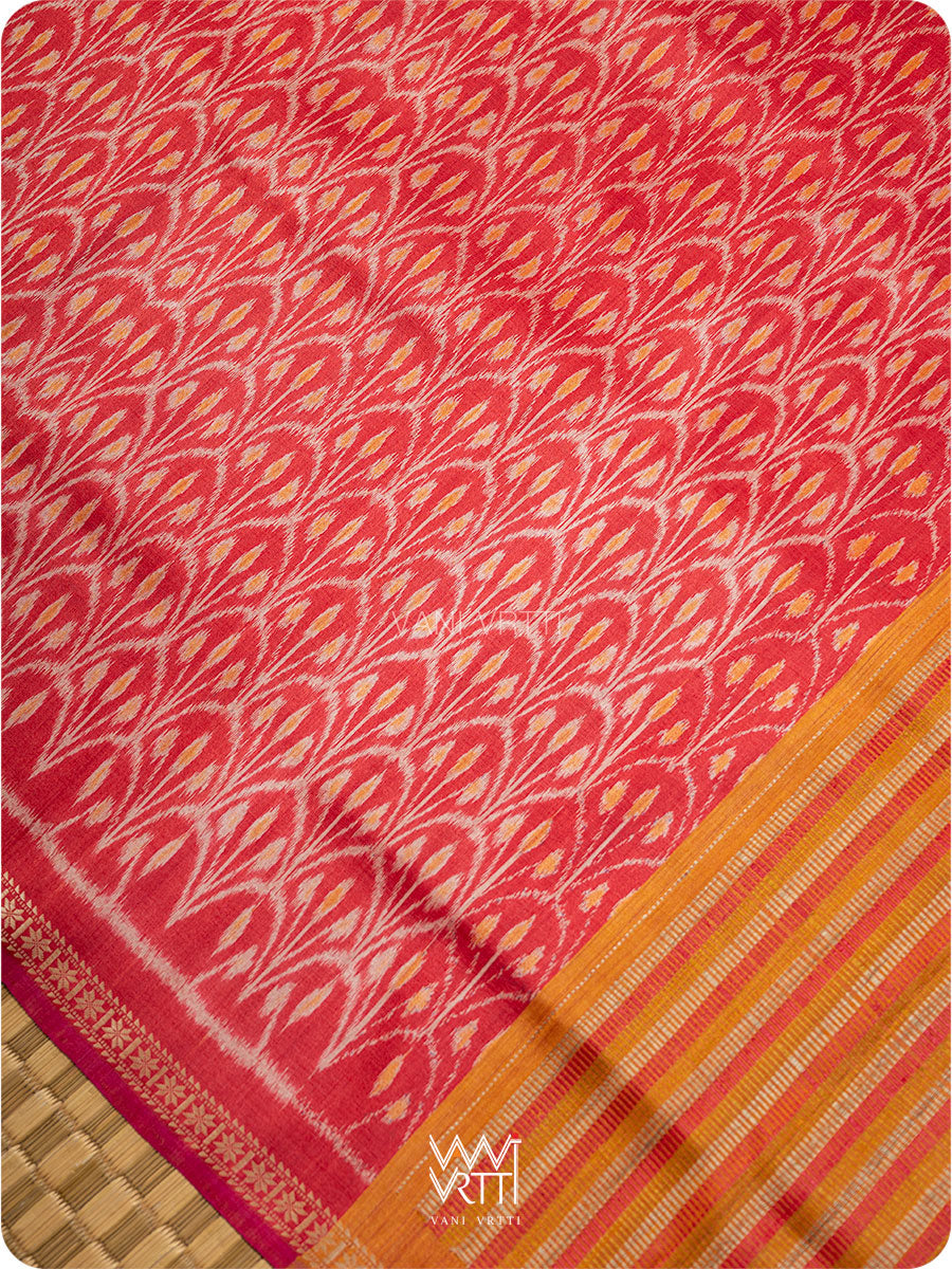 Red Iris Ikat Handspun Tussar Silk Saree