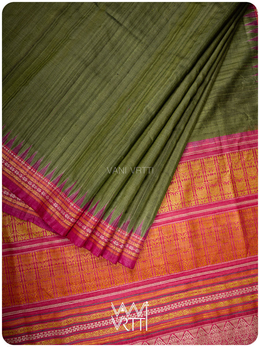 Mehendi Green Magenta Ananta Handspun Tussar Silk Sari