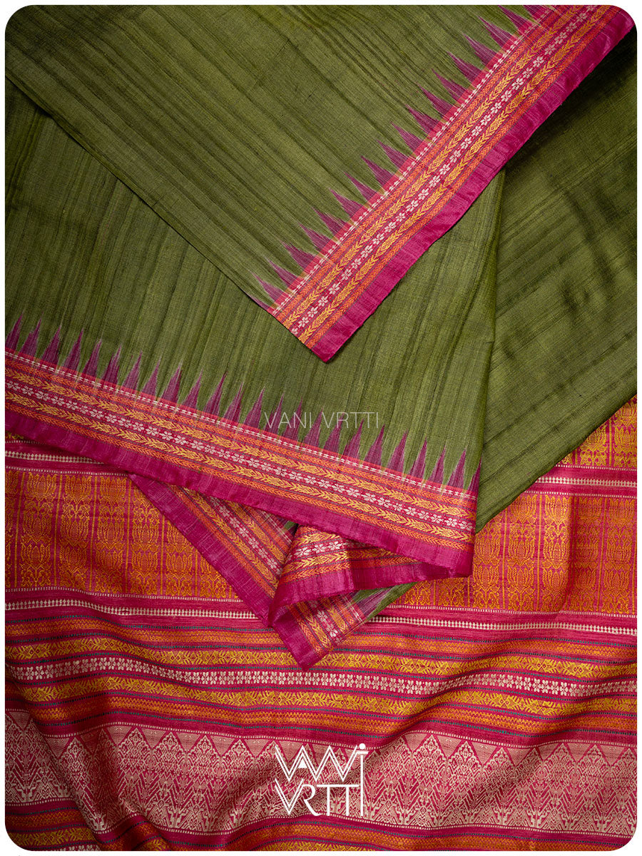 Mehendi Green Magenta Ananta Handspun Tussar Silk Sari