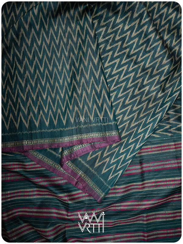 Deep Teal Aziz Ikat Handspun Tussar Silk Saree