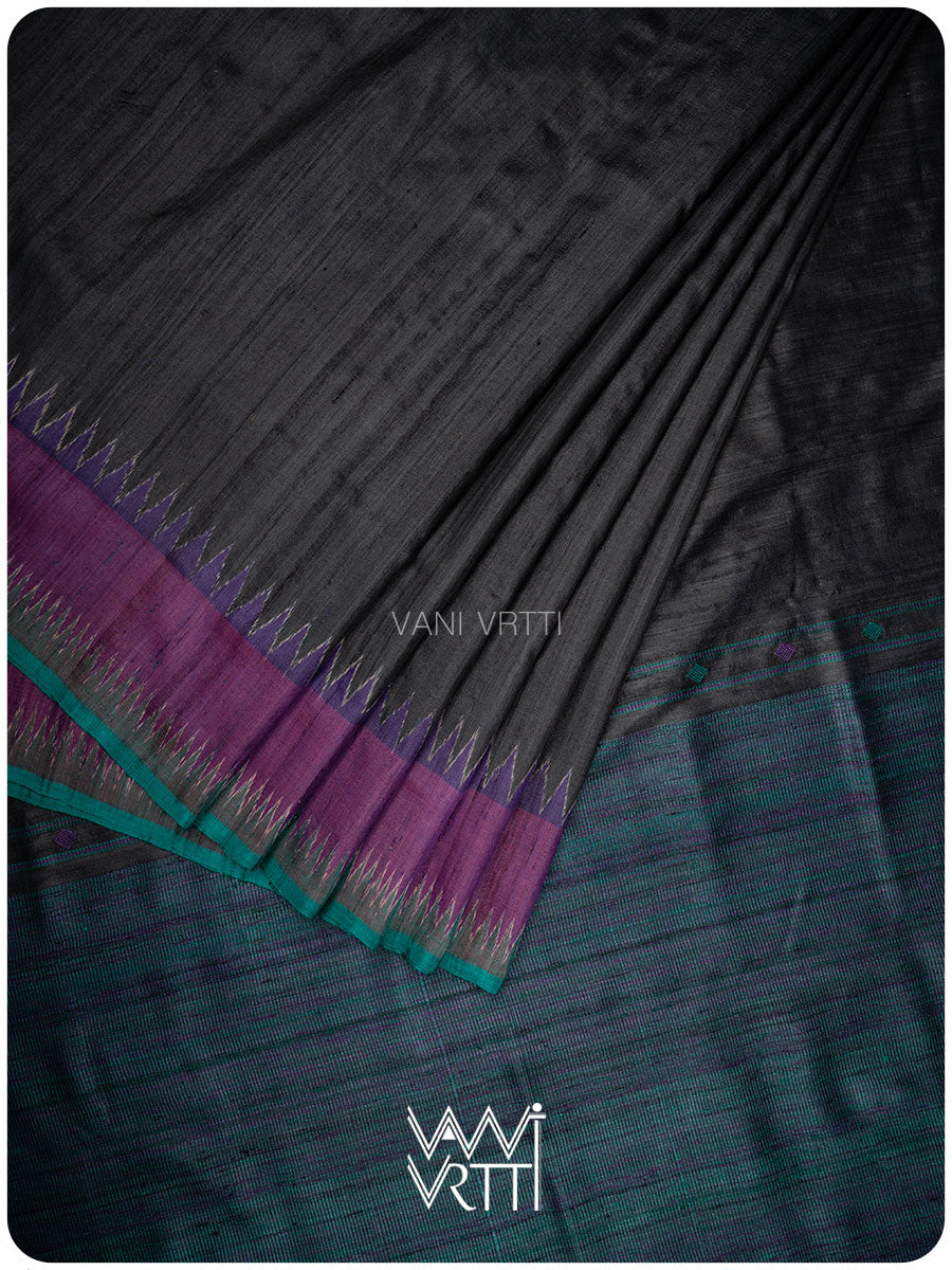 Slate Black Sangam Bristi Handspun Tussar Silk Saree