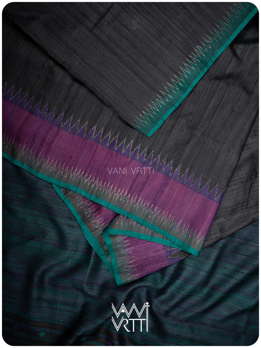 Slate Black Sangam Bristi Handspun Tussar Silk Saree