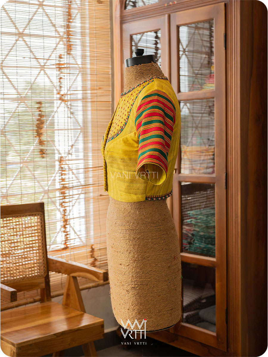 Yellow Stripes Lotus Parrot Hand Embroidery Gicha Tussar Silk Mashru Blouse