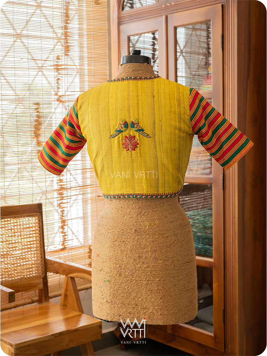 Yellow Stripes Lotus Parrot Hand Embroidery Gicha Tussar Silk Mashru Blouse