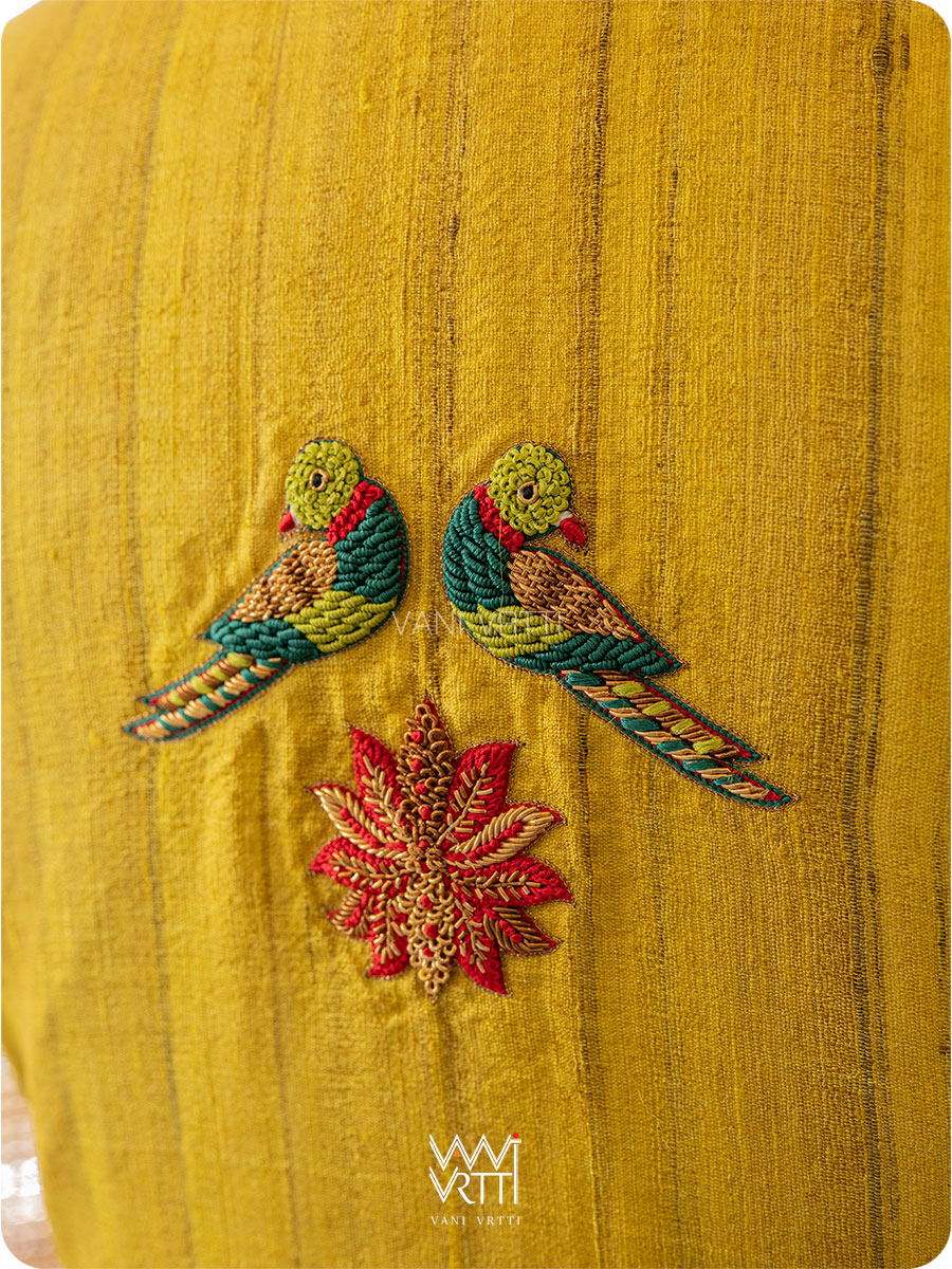 Yellow Stripes Lotus Parrot Hand Embroidery Gicha Tussar Silk Mashru Blouse