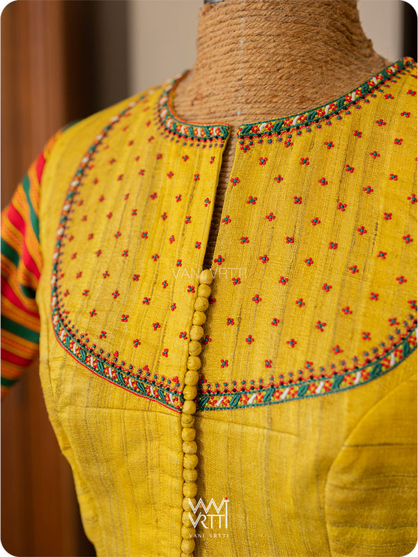 Yellow Stripes Lotus Parrot Hand Embroidery Gicha Tussar Silk Mashru Blouse