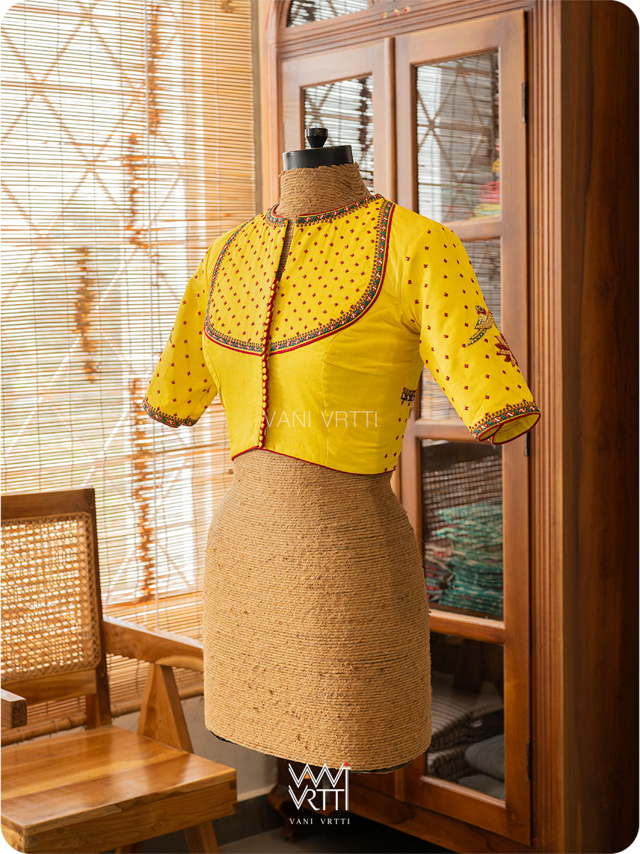 Bright Yellow Lotus Parrot Yoke Zardozi Threadwork Hand Embroidered Tussar Silk Blouse