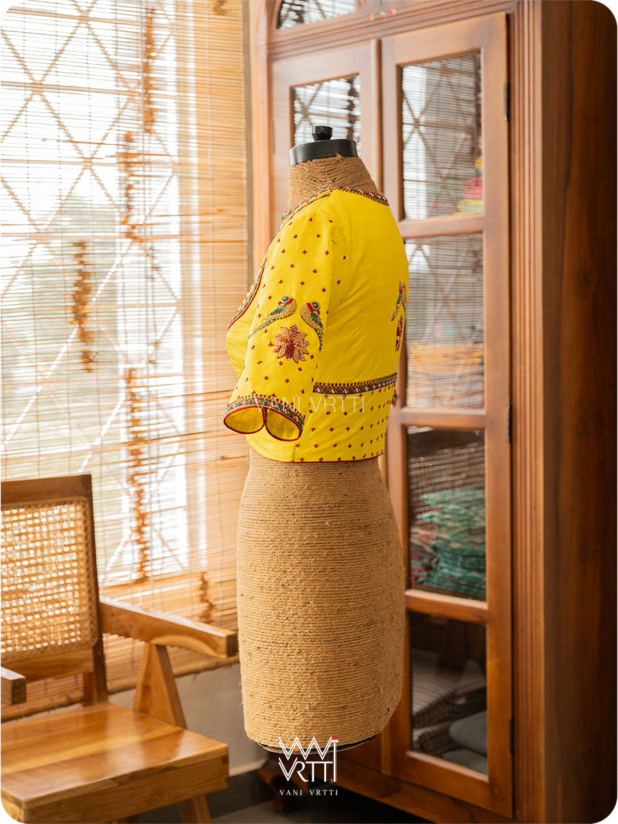 Bright Yellow Lotus Parrot Yoke Zardozi Threadwork Hand Embroidered Tussar Silk Blouse