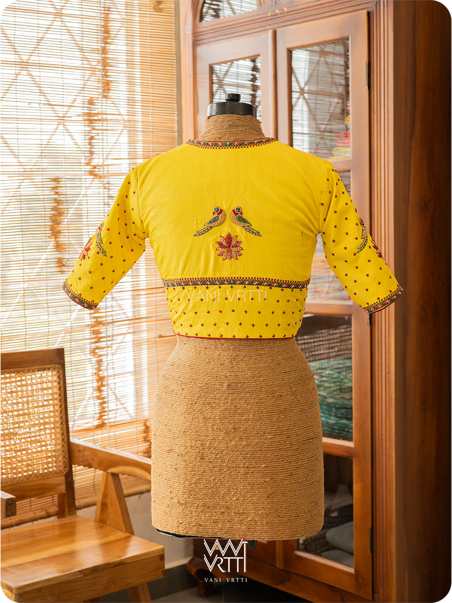 Bright Yellow Lotus Parrot Yoke Zardozi Threadwork Hand Embroidered Tussar Silk Blouse