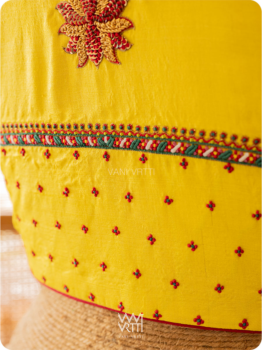 Bright Yellow Lotus Parrot Yoke Zardozi Threadwork Hand Embroidered Tussar Silk Blouse