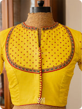 Bright Yellow Lotus Parrot Yoke Zardozi Threadwork Hand Embroidered Tussar Silk Blouse