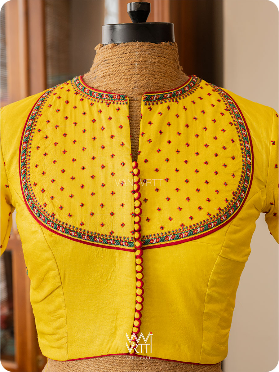 Bright Yellow Lotus Parrot Yoke Zardozi Threadwork Hand Embroidered Tussar Silk Blouse