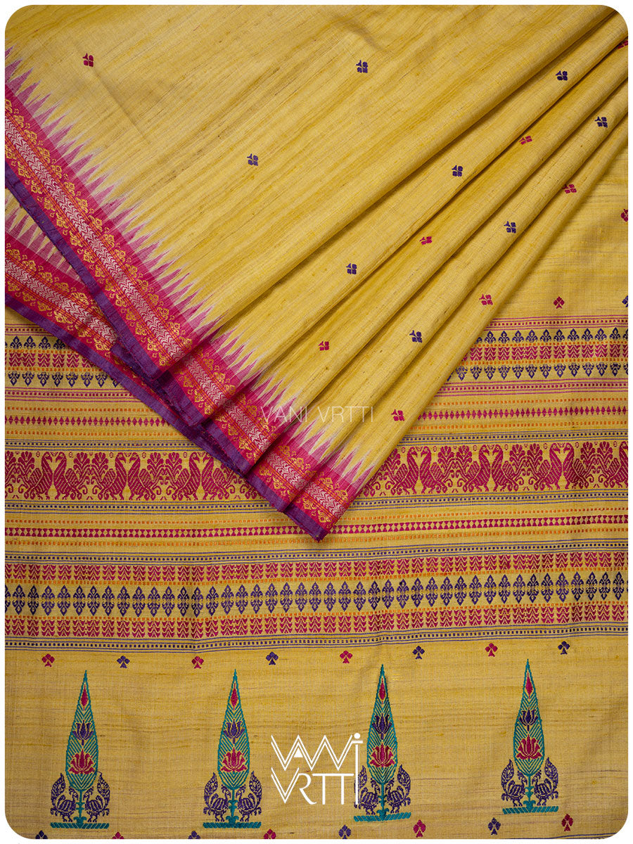 Besan Haldi Tree Of Life Handspun Tussar Silk Saree