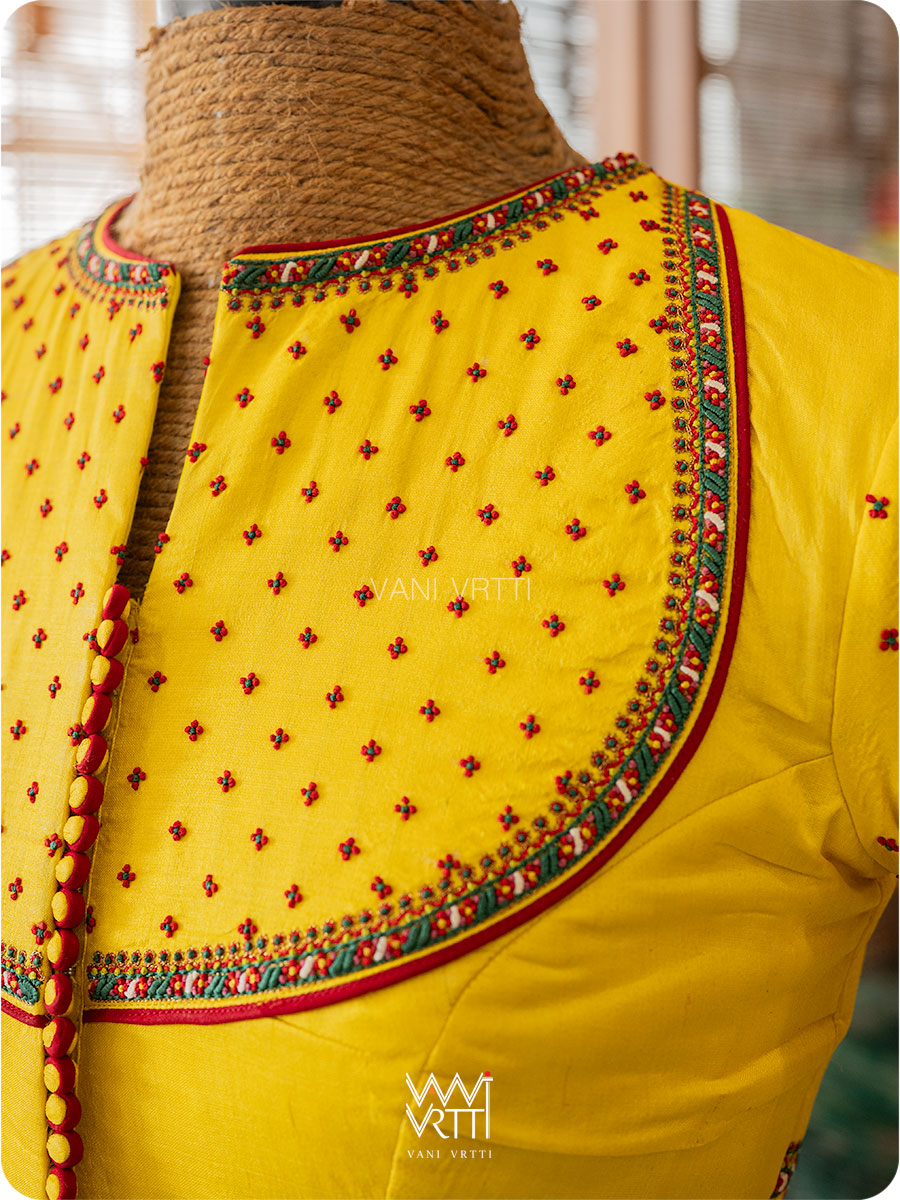 Bright Yellow Lotus Parrot Yoke Zardozi Threadwork Hand Embroidered Tussar Silk Blouse