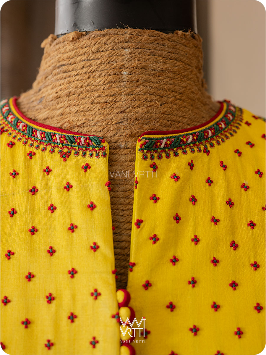 Bright Yellow Lotus Parrot Yoke Zardozi Threadwork Hand Embroidered Tussar Silk Blouse