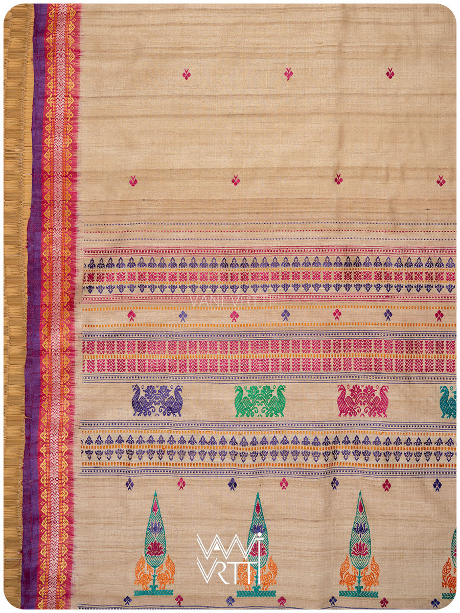 Off White Pink Tree Of Life Handspun Tussar Silk Saree
