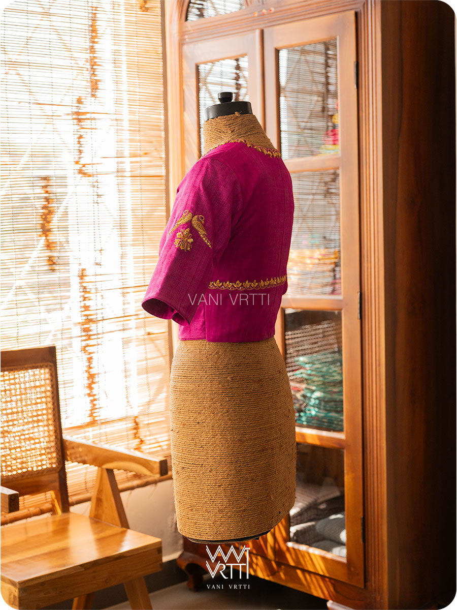 Rani Pink Lotus Parrot Zardozi Handspun Tussar Silk Blouse