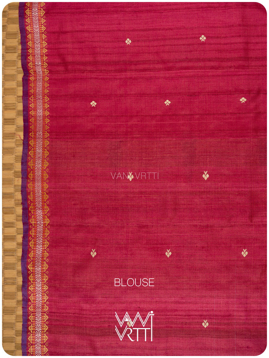 Off White Pink Tree Of Life Handspun Tussar Silk Saree