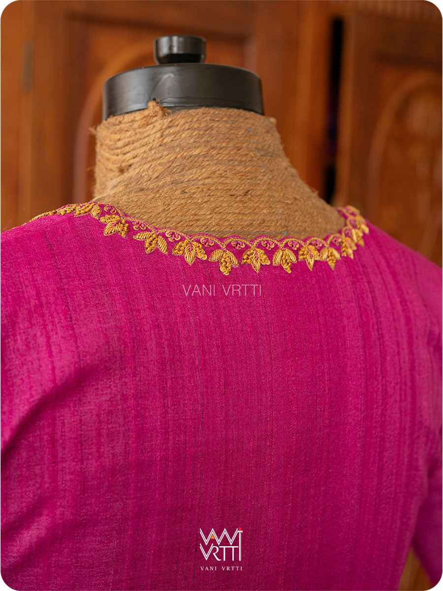 Rani Pink Lotus Parrot Zardozi Handspun Tussar Silk Blouse