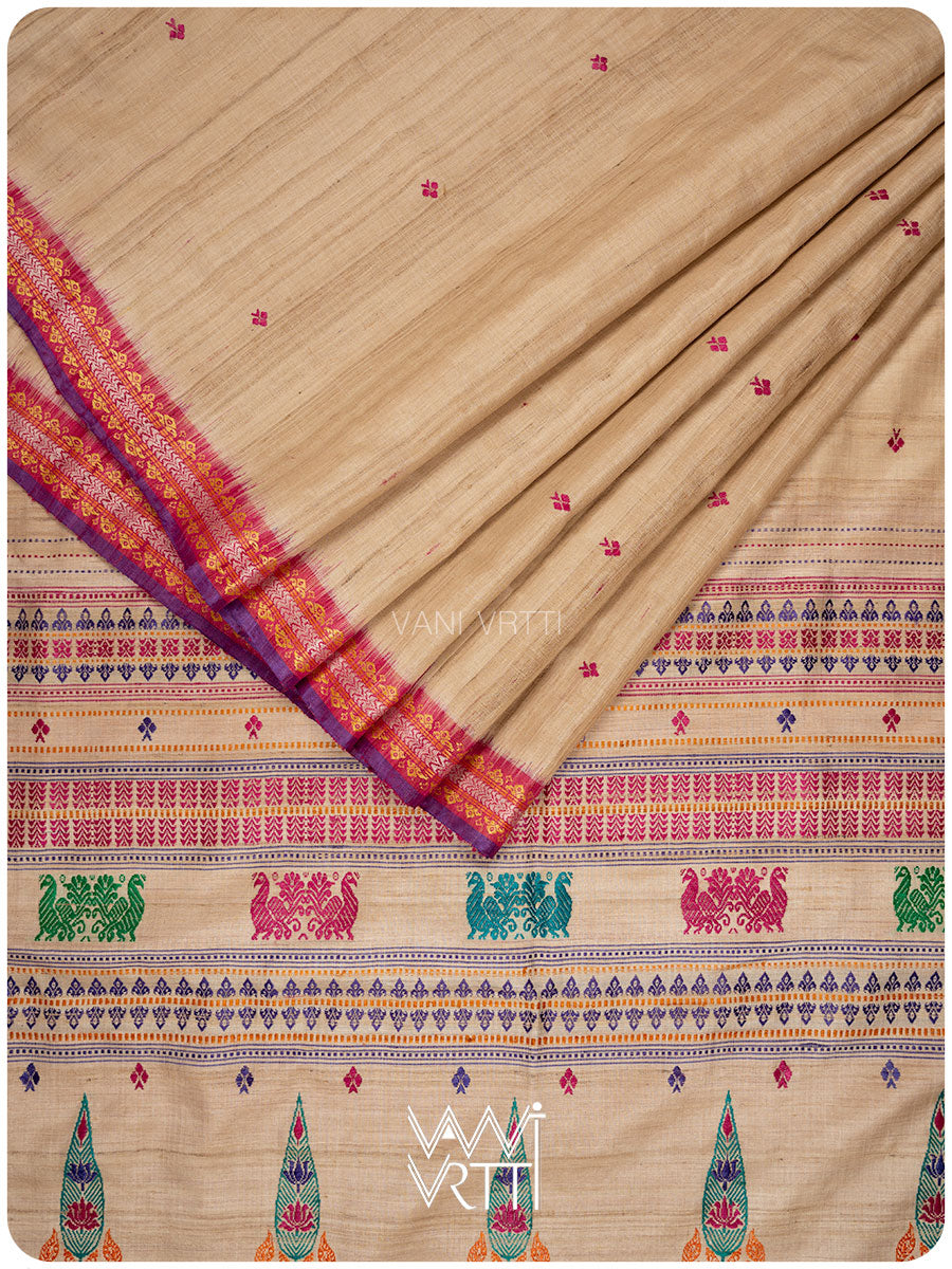 Off White Pink Tree Of Life Handspun Tussar Silk Saree
