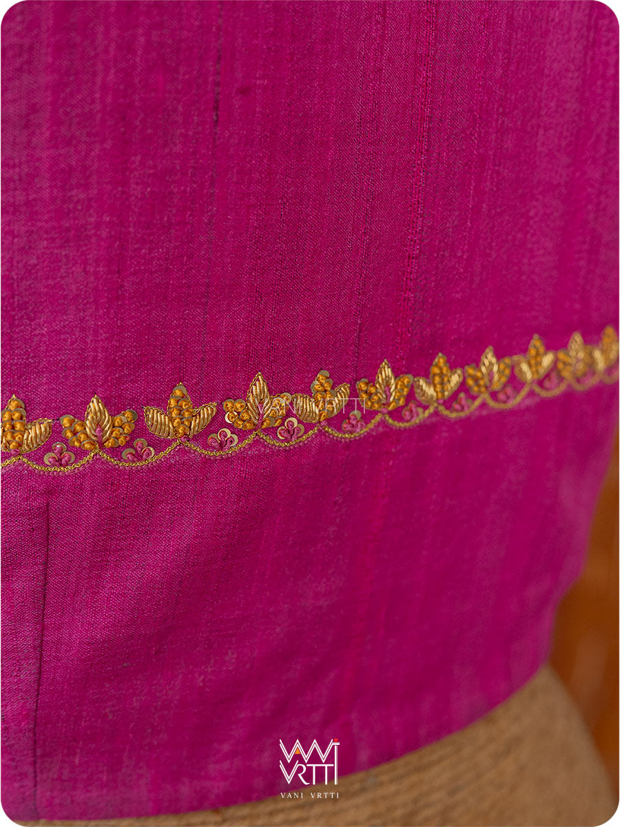Rani Pink Lotus Parrot Zardozi Handspun Tussar Silk Blouse