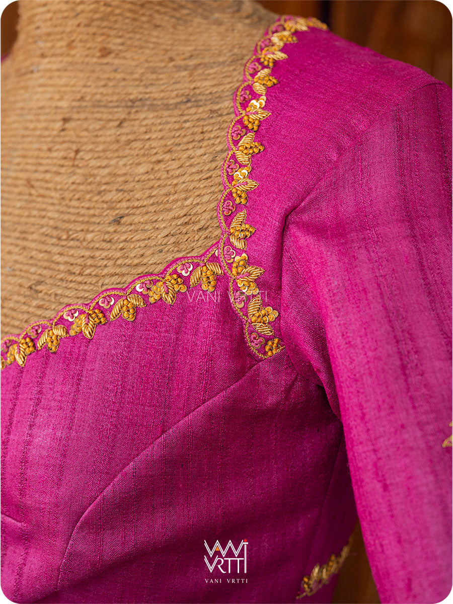 Rani Pink Lotus Parrot Zardozi Handspun Tussar Silk Blouse