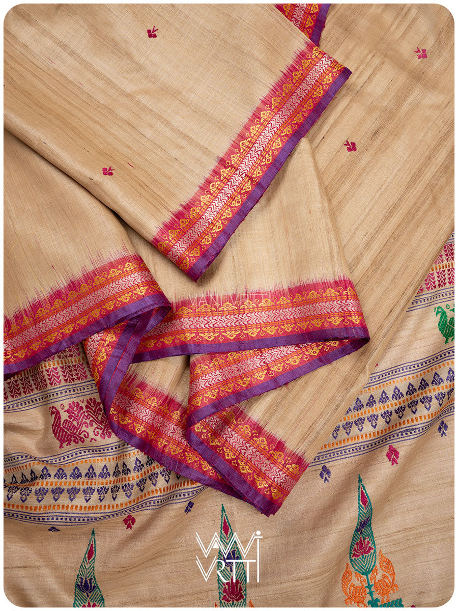 Off White Pink Tree Of Life Handspun Tussar Silk Saree