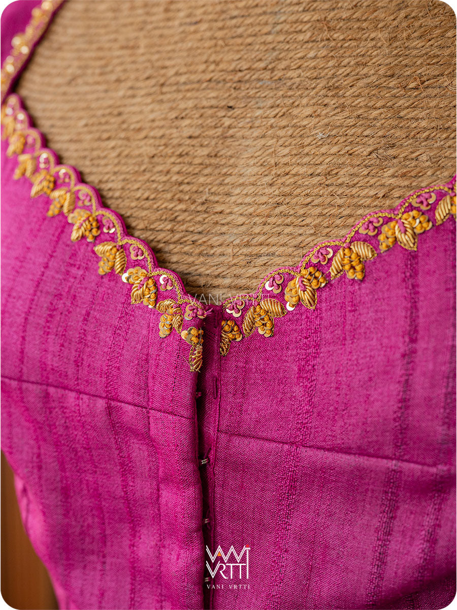 Rani Pink Lotus Parrot Zardozi Handspun Tussar Silk Blouse