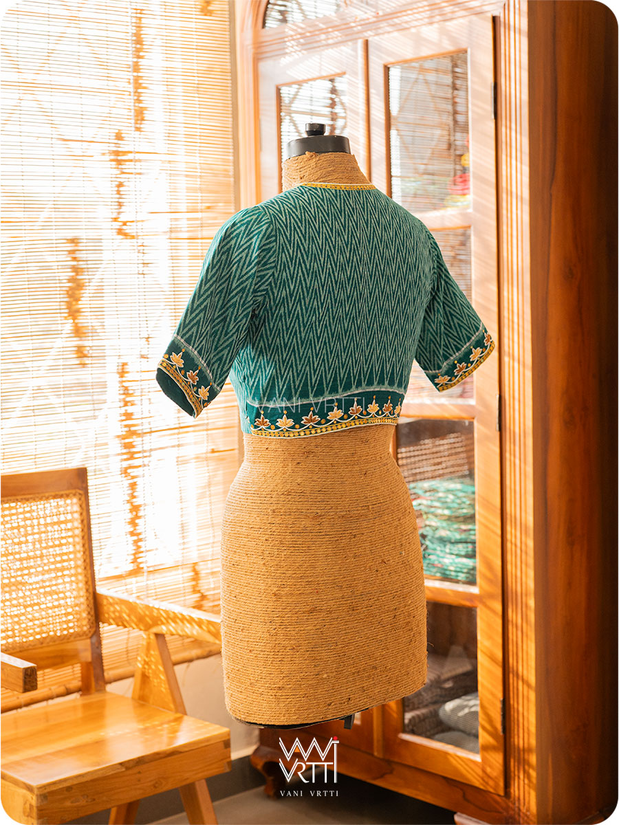 Emerald Green Lotus Zardozi Zig Zag Cotton Ikat Blouse