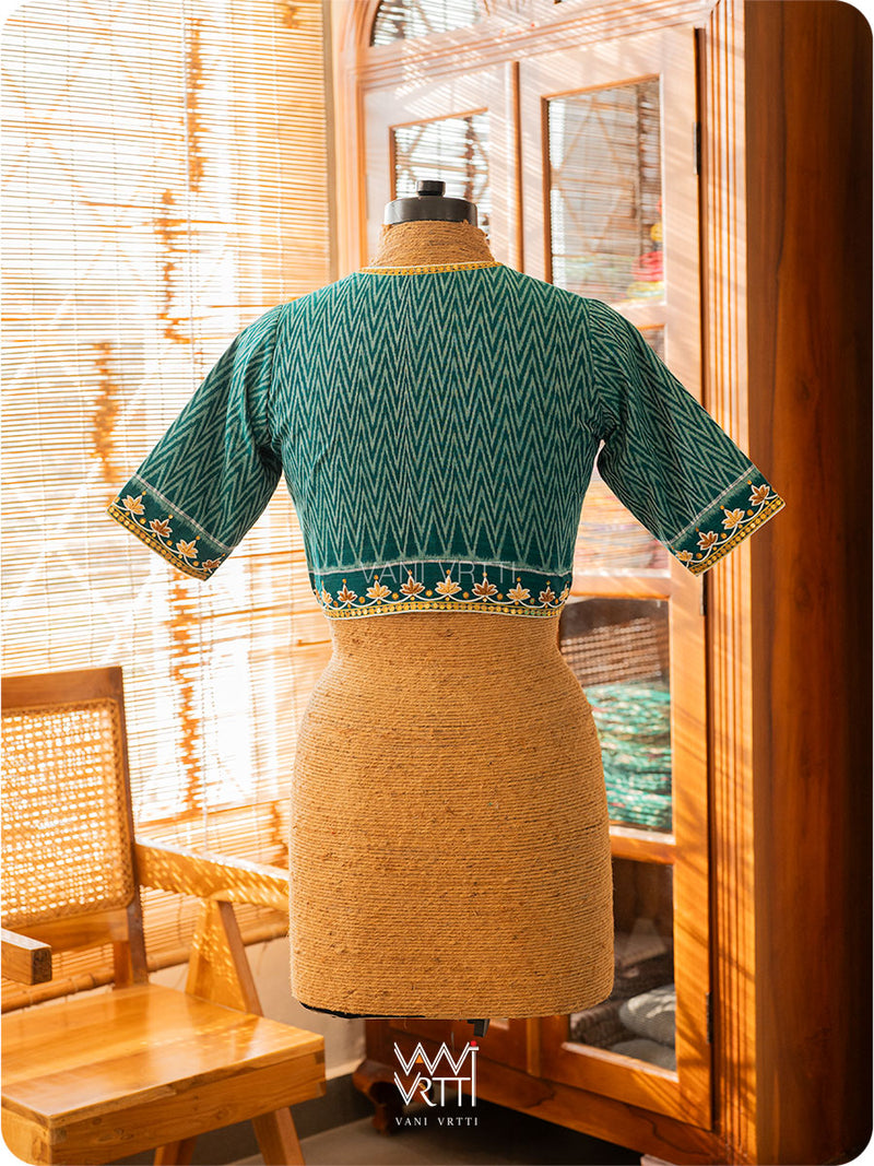 Emerald Green Lotus Zardozi Zig Zag Cotton Ikat Blouse