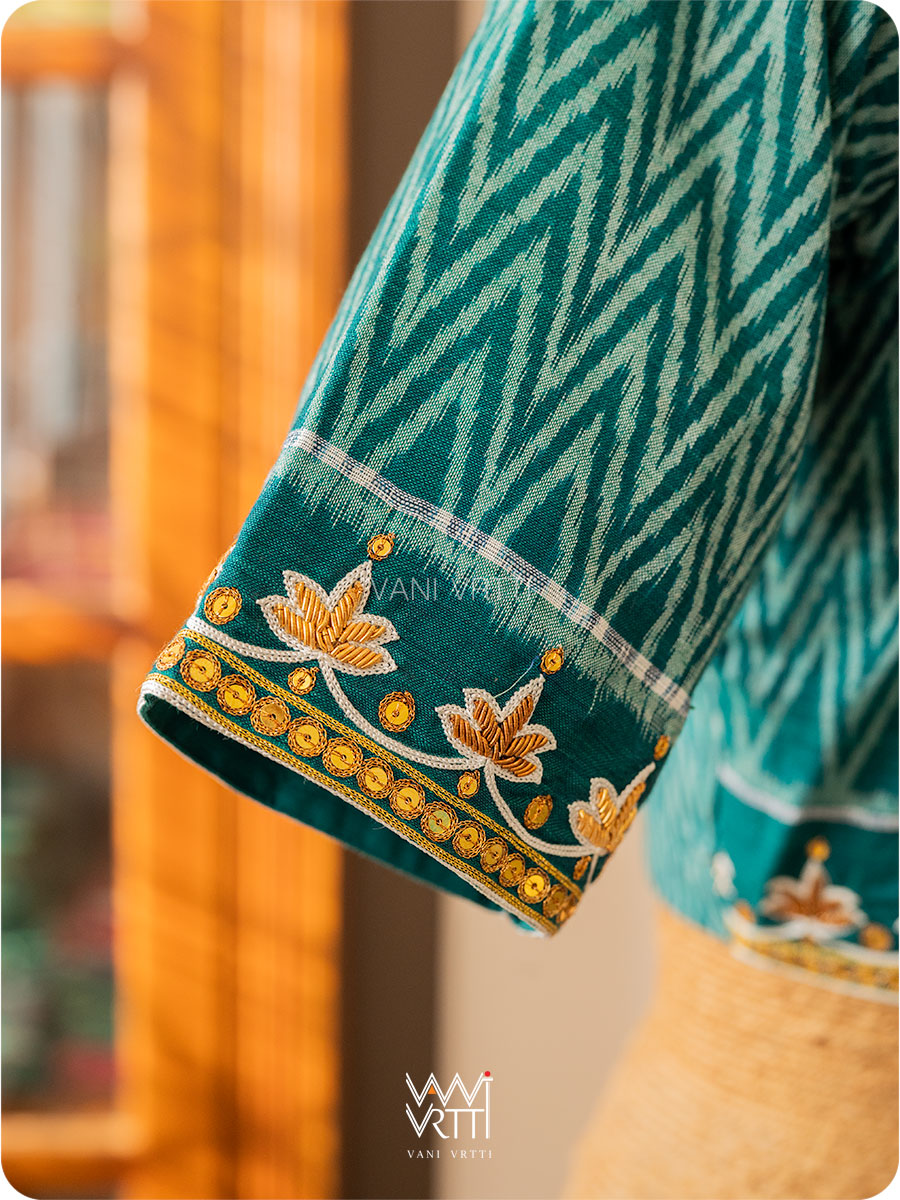 Emerald Green Lotus Zardozi Zig Zag Cotton Ikat Blouse