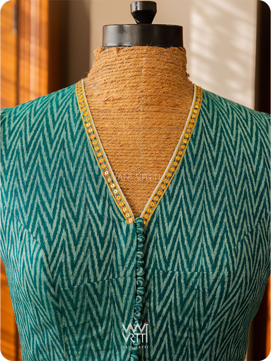 Emerald Green Lotus Zardozi Zig Zag Cotton Ikat Blouse