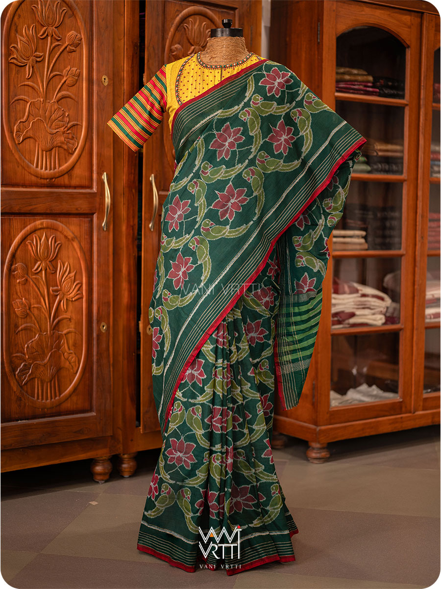 Deep Bottle Green Lotus Parrot Fine Cotton Ikat saree