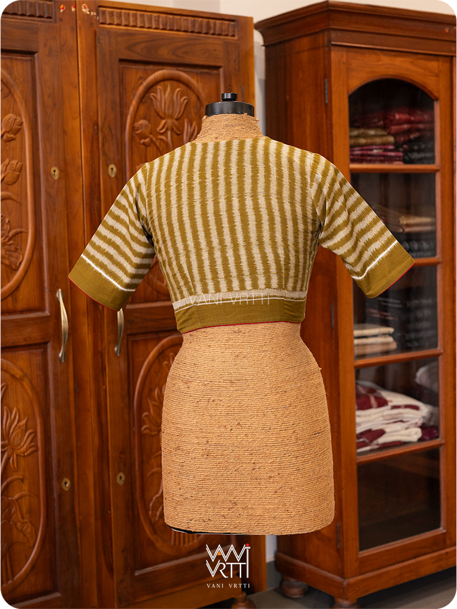 Mehendi Green Parallel Lines Yoke Cotton Ikat Blouse