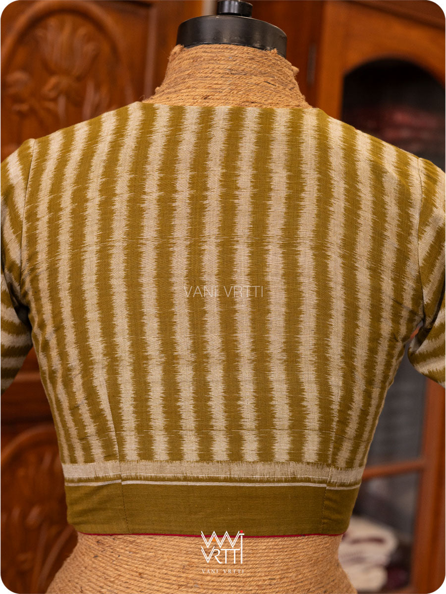 Mehendi Green Parallel Lines Yoke Cotton Ikat Blouse