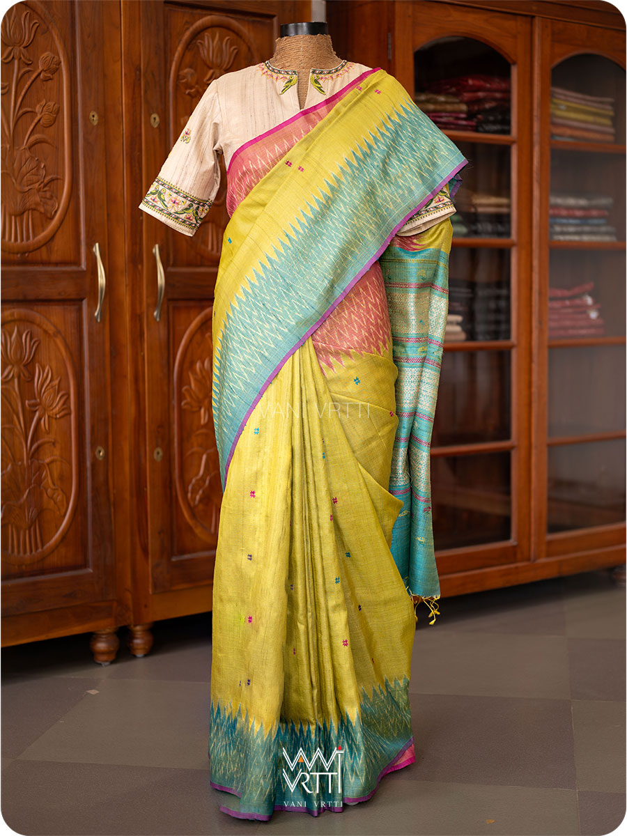 Banana Leaf Green Anjana Handspun Tussar Silk Saree