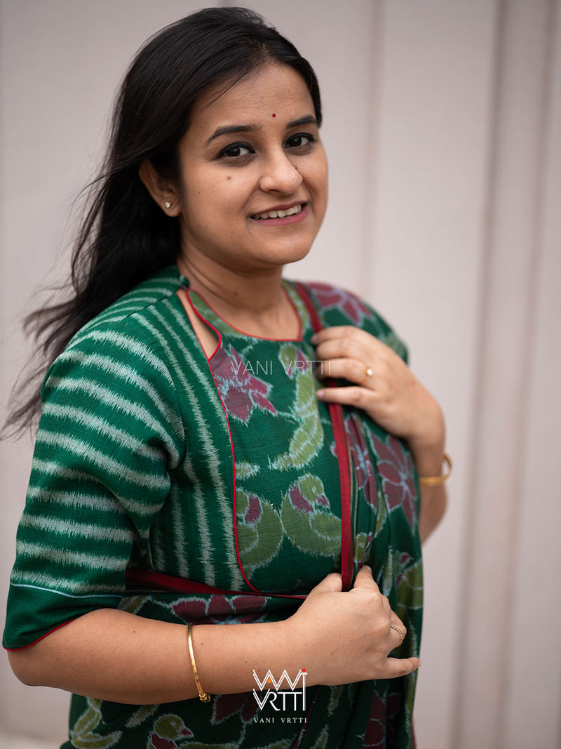 Bottle Green Lotus Parrot Parallel Deep Curved Yoke Cotton Ikat Blouse