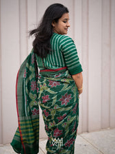 Bottle Green Lotus Parrot Parallel Deep Curved Yoke Cotton Ikat Blouse