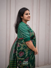 Bottle Green Lotus Parrot Parallel Deep Curved Yoke Cotton Ikat Blouse