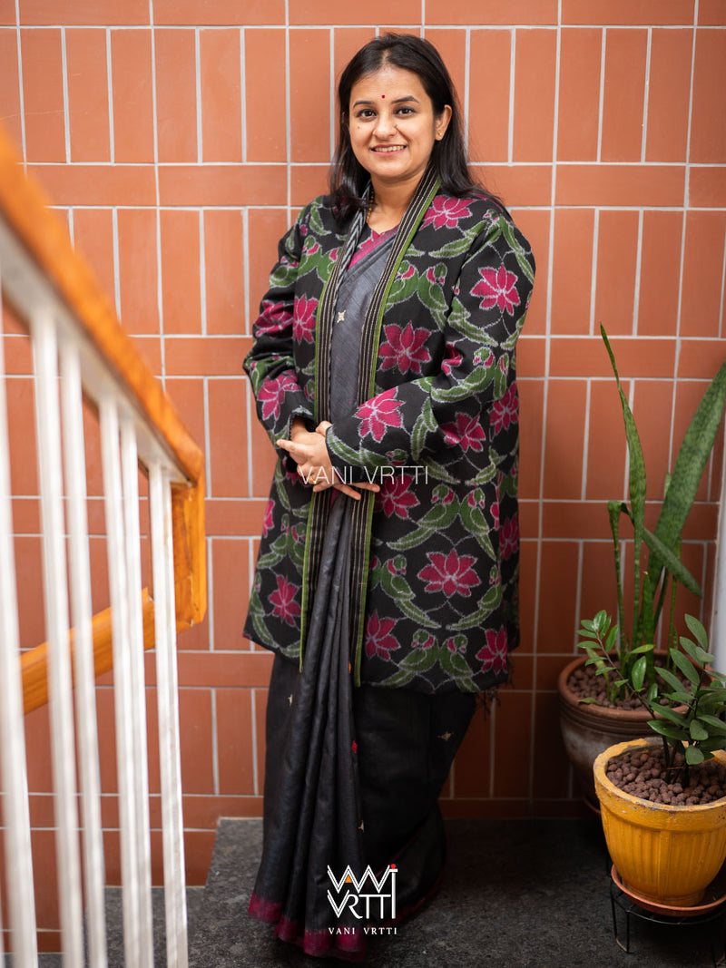Black Lotus Parrot Zig Zag Ikat Kimono Collar Tunic Reversible Jacket