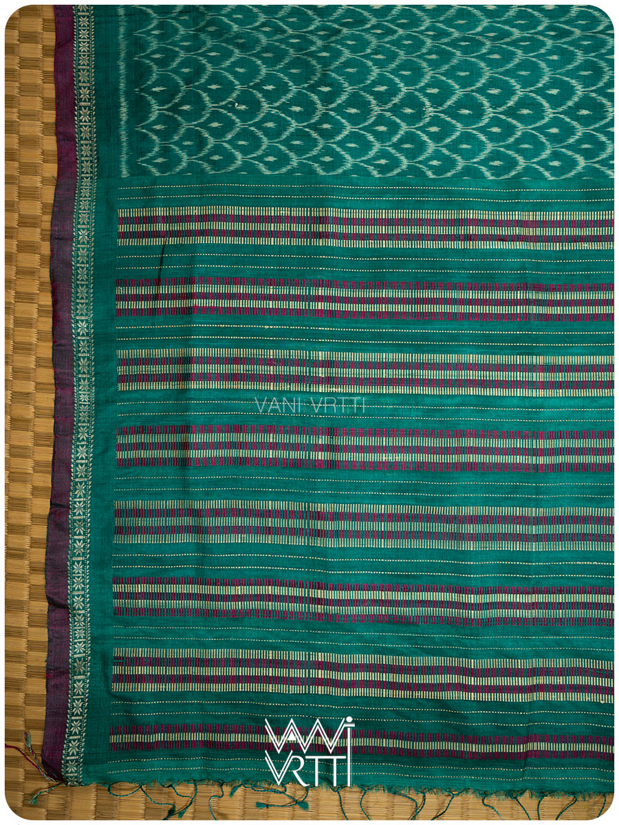 Emerald Green Samudra Lahar Ikat Handspun Tussar Silk Sari