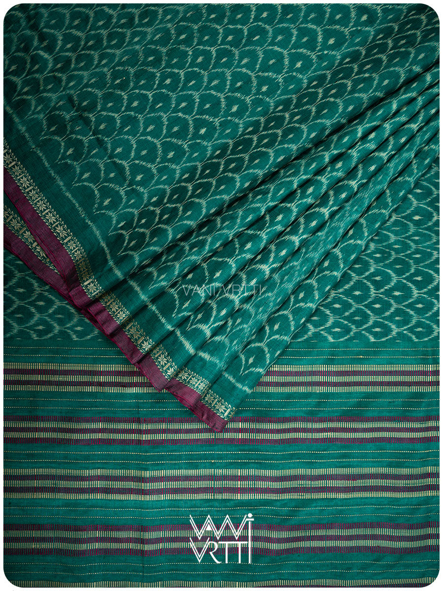 Emerald Green Samudra Lahar Ikat Handspun Tussar Silk Sari