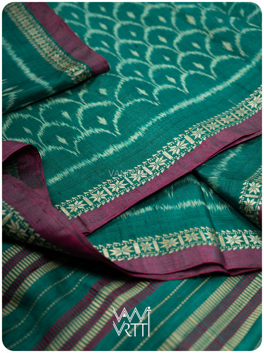 Emerald Green Samudra Lahar Ikat Handspun Tussar Silk Sari